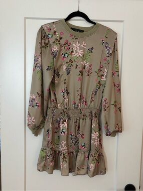 Nicole Miller Sage Green Floral Long-Sleeve Ruffle-Hem Dress